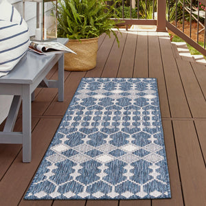 Blue 2' 7 x 10' Outdoor Trellis Runner Area Rug Weather Resistant for Patio, Deck, Terrace, Balcony, Porch Geometric Design Water Safe Outside Carpet for Sale at Rug Engine