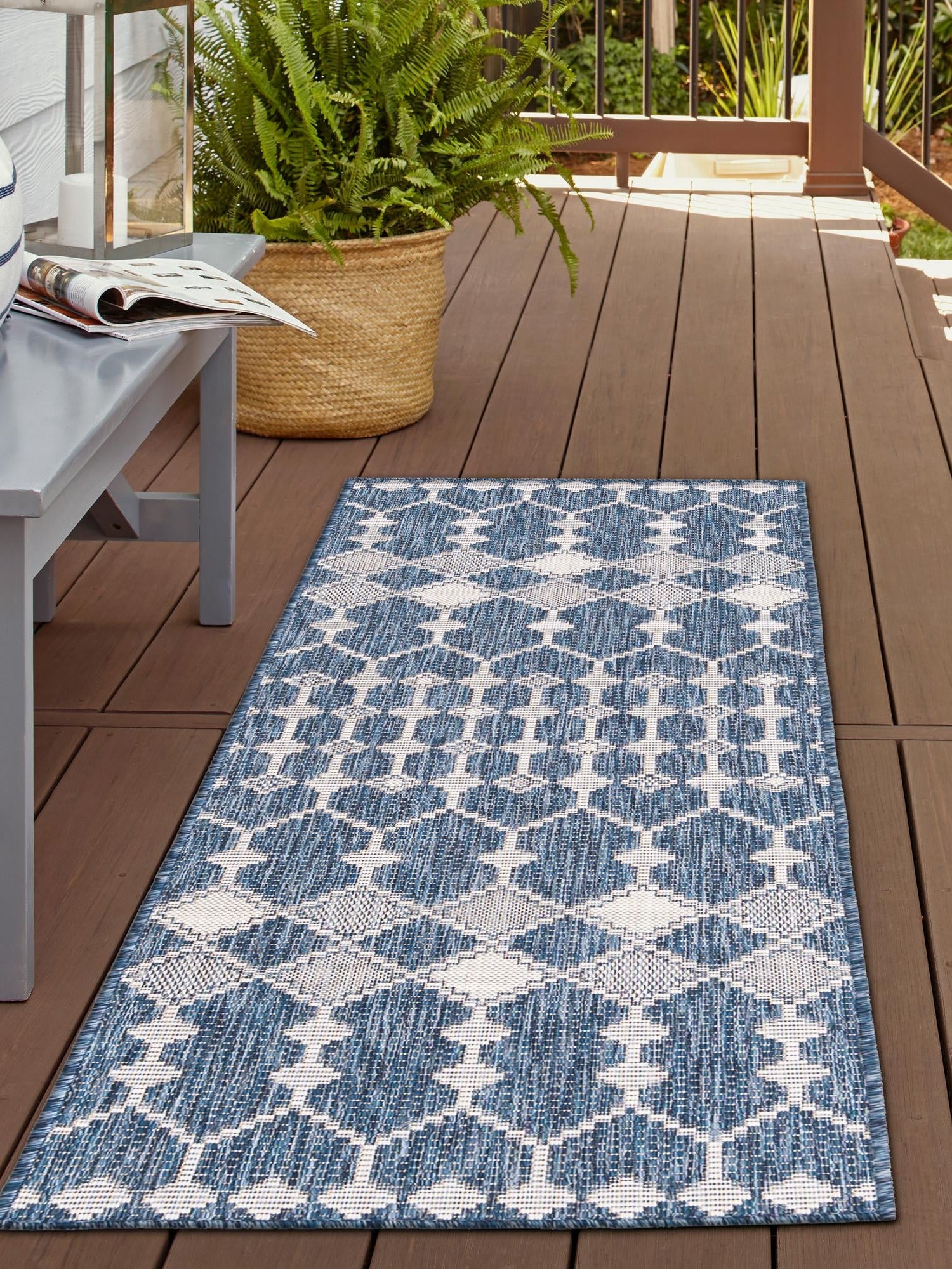 Blue 2' x 6' 1 Outdoor Trellis Runner Area Rug Weather Resistant for Patio, Deck, Terrace, Balcony, Porch Geometric Design Water Safe Outside Carpet for Sale at Rug Engine