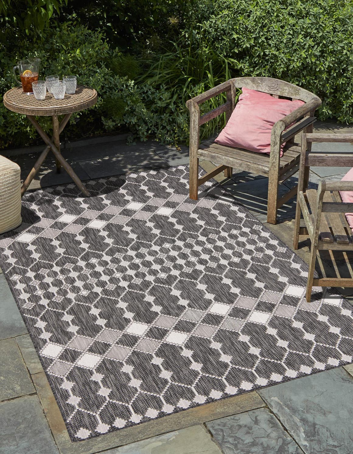 Charcoal 2' x 3' 1 Outdoor Trellis Rectangle Area Rug Weather Resistant for Patio, Deck, Terrace, Balcony, Porch Geometric Design Water Safe Outside Carpet for Sale at Rug Engine