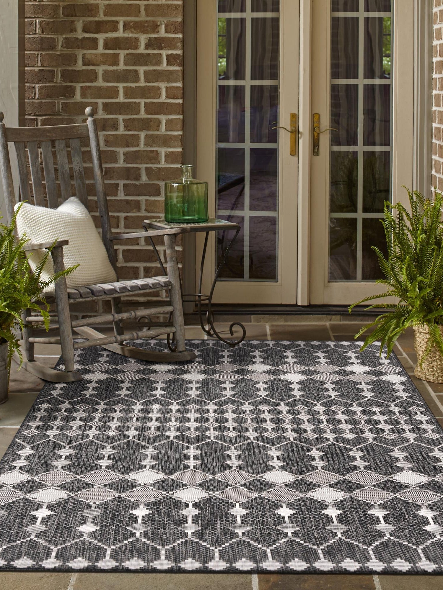 Charcoal 3' 1 x 5' 3 Outdoor Trellis Rectangle Area Rug Weather Resistant for Patio, Deck, Terrace, Balcony, Porch Geometric Design Water Safe Outside Carpet for Sale at Rug Engine