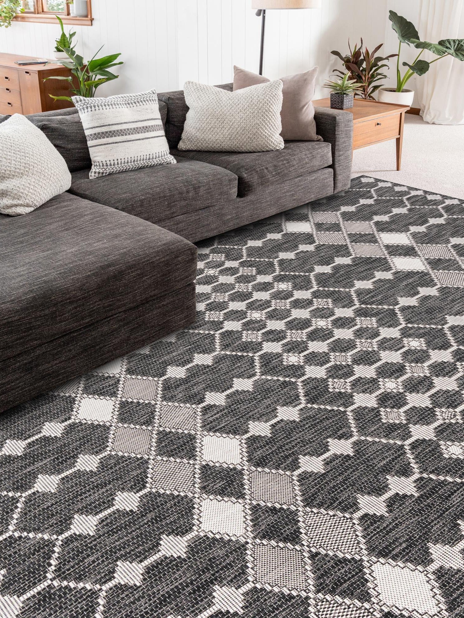 Charcoal 3' 1 x 5' 3 Outdoor Trellis Rectangle Area Rug Weather Resistant for Patio, Deck, Terrace, Balcony, Porch Geometric Design Water Safe Outside Carpet for Sale at Rug Engine