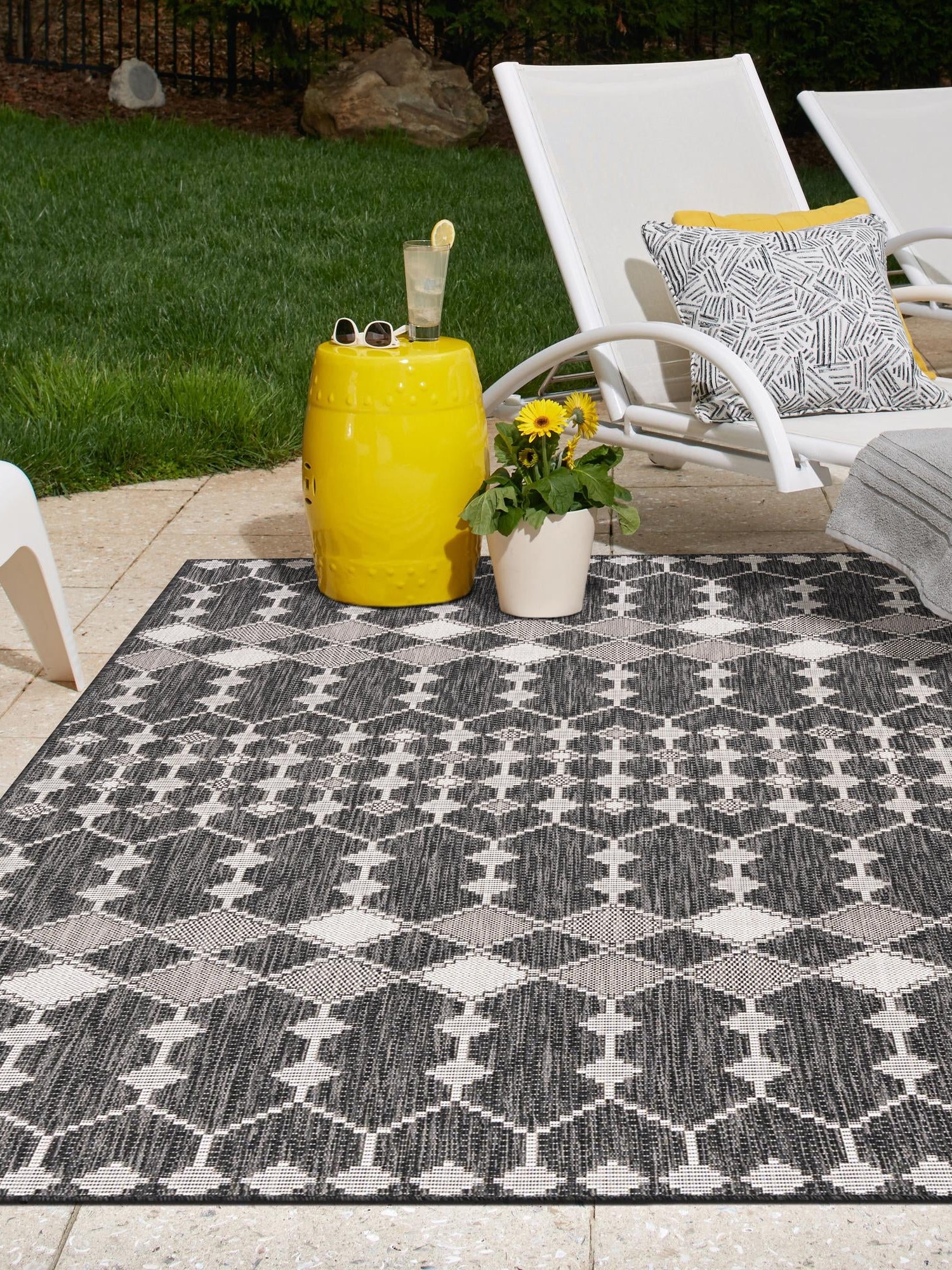 Charcoal 3' 1 x 5' 3 Outdoor Trellis Rectangle Area Rug Weather Resistant for Patio, Deck, Terrace, Balcony, Porch Geometric Design Water Safe Outside Carpet for Sale at Rug Engine