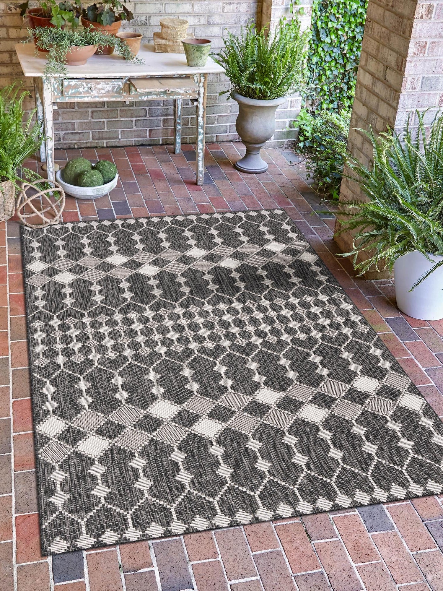 Charcoal 3' 1 x 5' 3 Outdoor Trellis Rectangle Area Rug Weather Resistant for Patio, Deck, Terrace, Balcony, Porch Geometric Design Water Safe Outside Carpet for Sale at Rug Engine