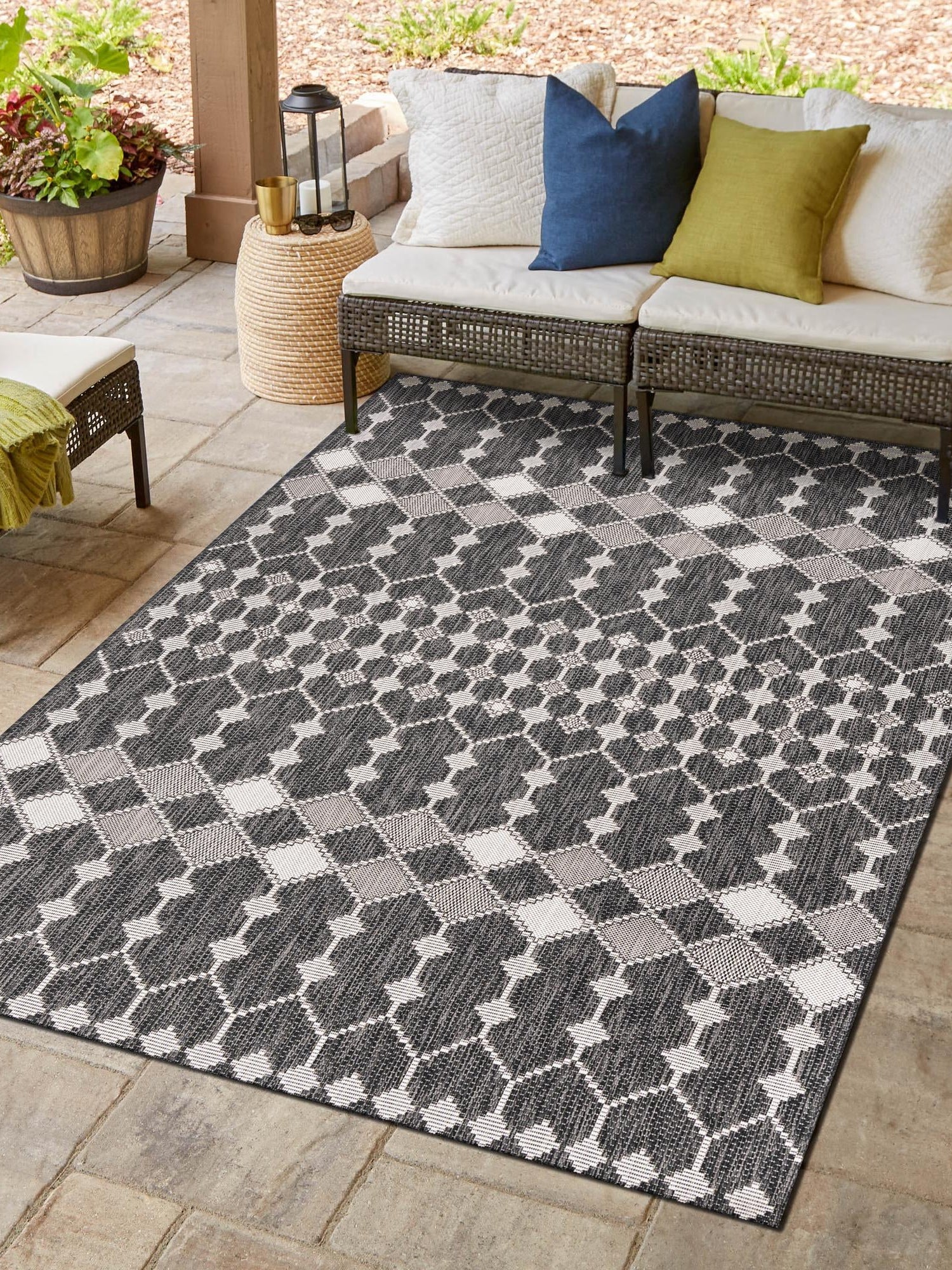 Charcoal 3' 1 x 5' 3 Outdoor Trellis Rectangle Area Rug Weather Resistant for Patio, Deck, Terrace, Balcony, Porch Geometric Design Water Safe Outside Carpet for Sale at Rug Engine