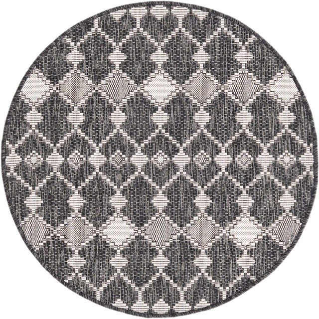 Charcoal 3' 1 x 3' 1 Outdoor Trellis Round Area Rug Weather Resistant for Patio, Deck, Terrace, Balcony, Porch Geometric Design Water Safe Outside Carpet for Sale at Rug Engine