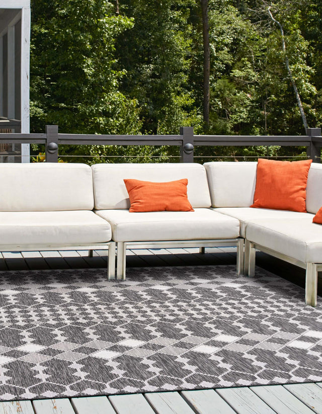 Charcoal 10' x 10' Outdoor Trellis Square Area Rug Weather Resistant for Patio, Deck, Terrace, Balcony, Porch Geometric Design Water Safe Outside Carpet for Sale at Rug Engine