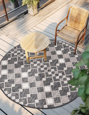 Charcoal 4' 1 x 4' 1 Outdoor Trellis Round Area Rug Weather Resistant for Patio, Deck, Terrace, Balcony, Porch Geometric Design Water Safe Outside Carpet for Sale at Rug Engine