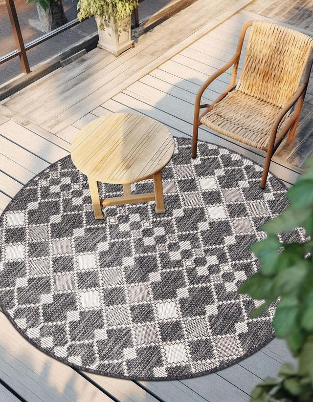 Charcoal 10' x 10' Outdoor Trellis Round Area Rug Weather Resistant for Patio, Deck, Terrace, Balcony, Porch Geometric Design Water Safe Outside Carpet for Sale at Rug Engine