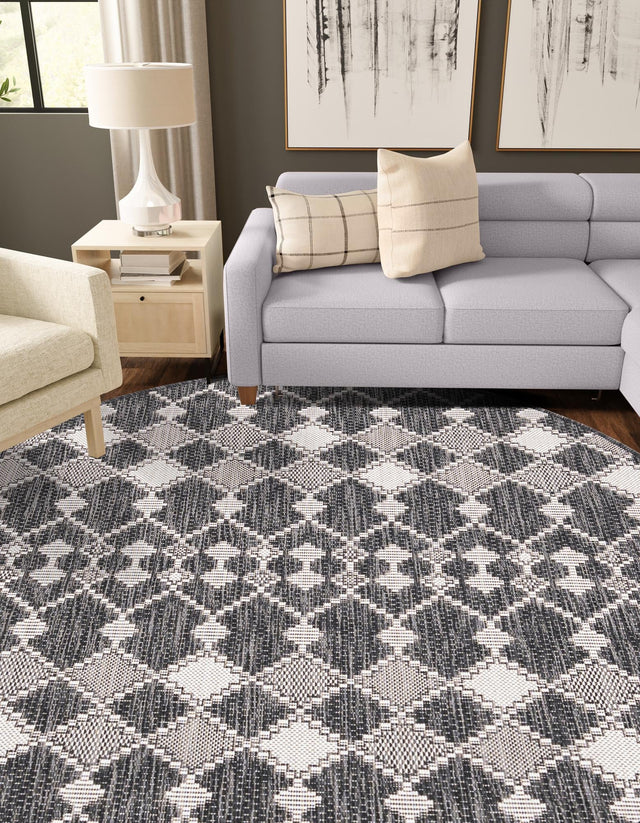 Charcoal 3' 1 x 3' 1 Outdoor Trellis Round Area Rug Weather Resistant for Patio, Deck, Terrace, Balcony, Porch Geometric Design Water Safe Outside Carpet for Sale at Rug Engine