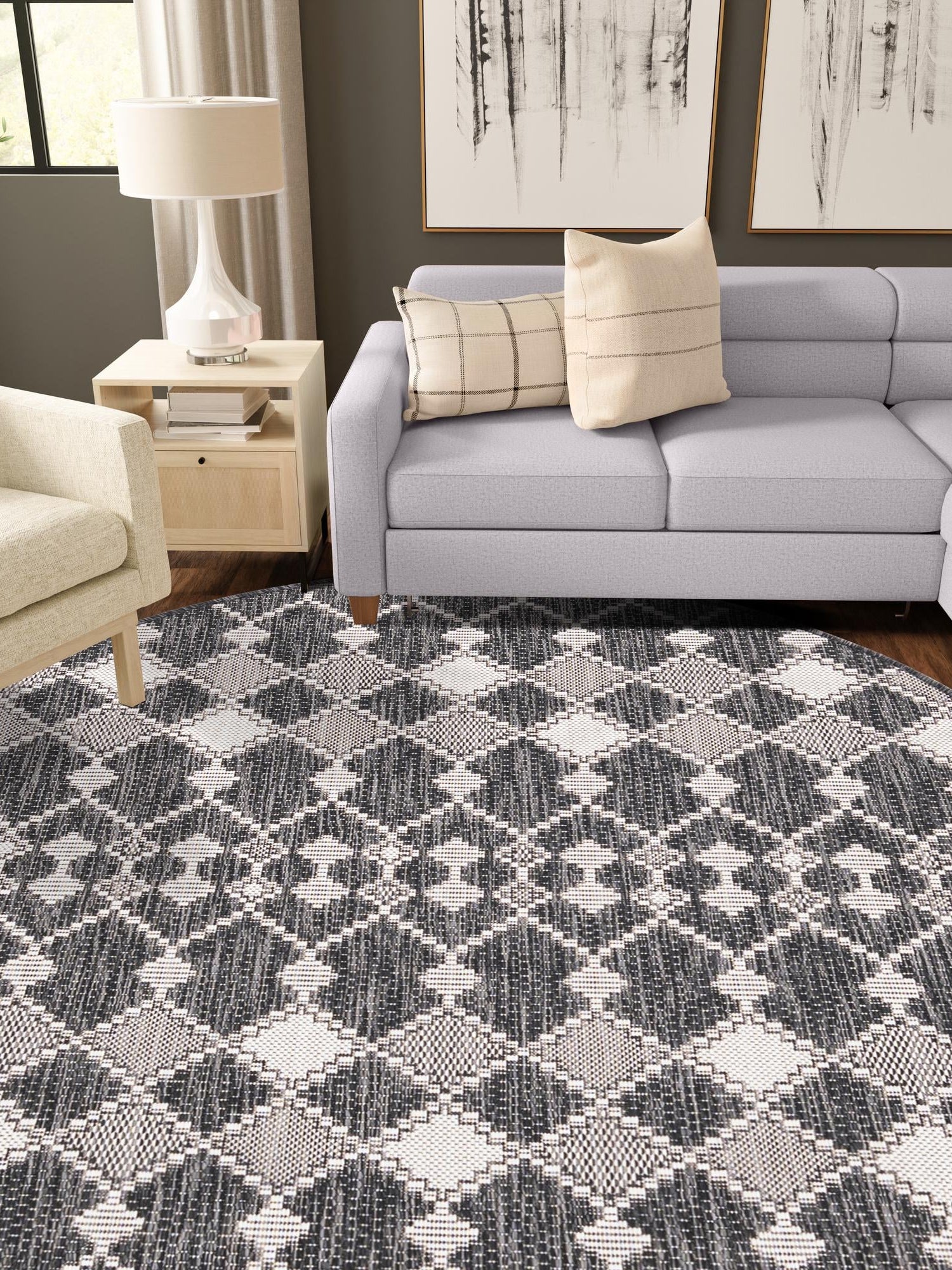 Charcoal 4' 1 x 4' 1 Outdoor Trellis Round Area Rug Weather Resistant for Patio, Deck, Terrace, Balcony, Porch Geometric Design Water Safe Outside Carpet for Sale at Rug Engine