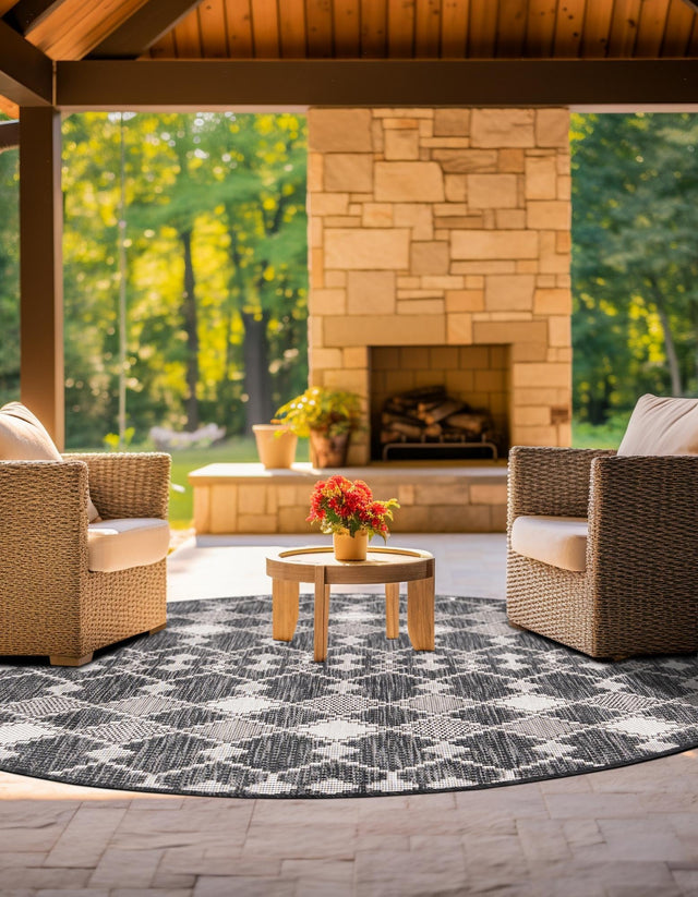 Charcoal 10' x 10' Outdoor Trellis Round Area Rug Weather Resistant for Patio, Deck, Terrace, Balcony, Porch Geometric Design Water Safe Outside Carpet for Sale at Rug Engine