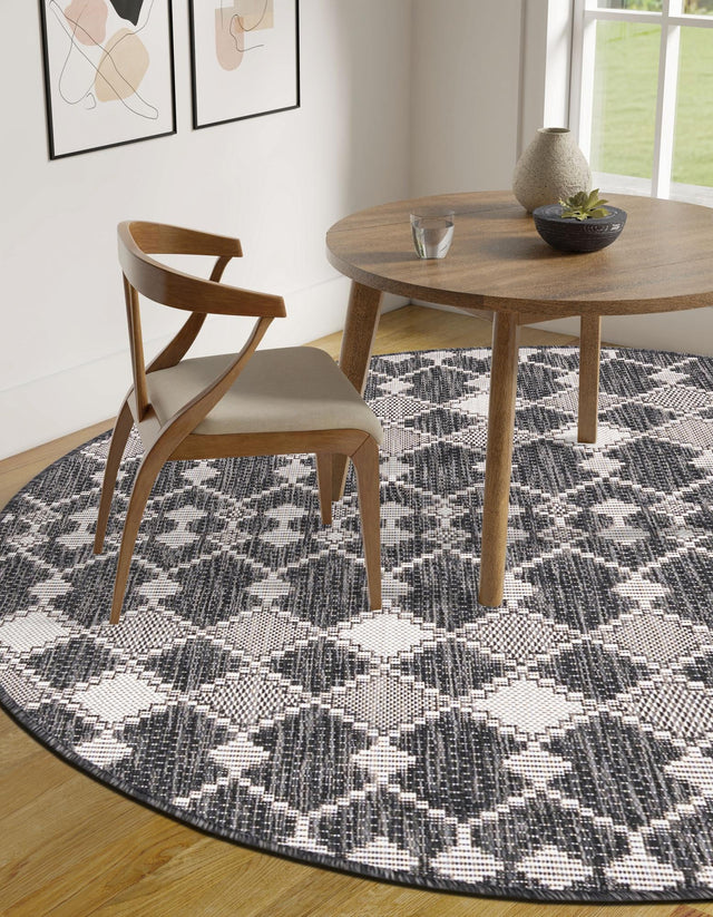 Charcoal 10' x 10' Outdoor Trellis Round Area Rug Weather Resistant for Patio, Deck, Terrace, Balcony, Porch Geometric Design Water Safe Outside Carpet for Sale at Rug Engine