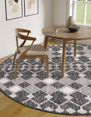 Charcoal 4' 1 x 4' 1 Outdoor Trellis Round Area Rug Weather Resistant for Patio, Deck, Terrace, Balcony, Porch Geometric Design Water Safe Outside Carpet for Sale at Rug Engine