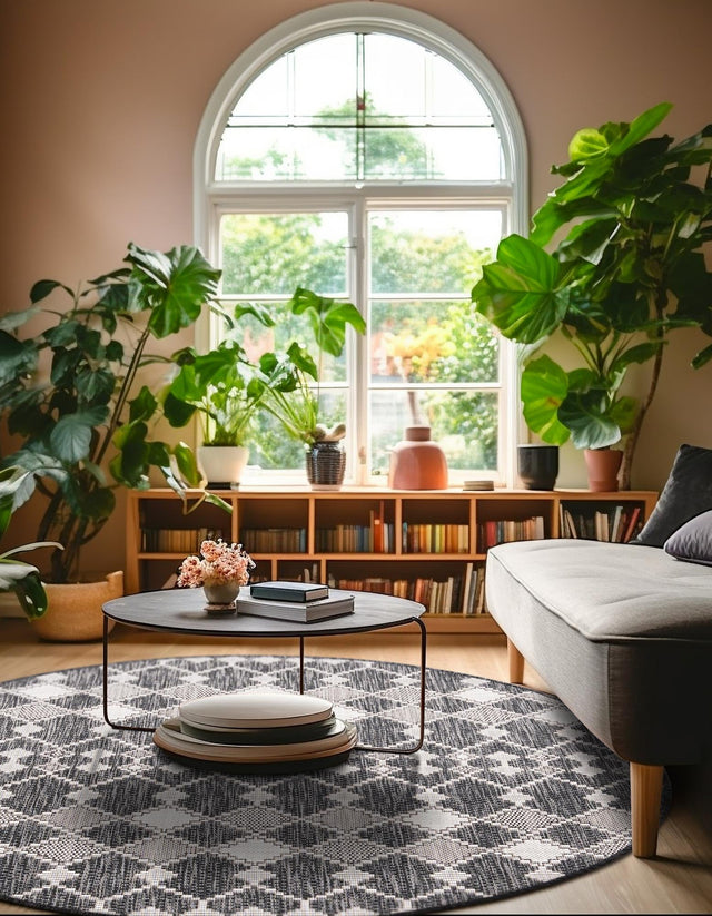Charcoal 4' 1 x 4' 1 Outdoor Trellis Round Area Rug Weather Resistant for Patio, Deck, Terrace, Balcony, Porch Geometric Design Water Safe Outside Carpet for Sale at Rug Engine