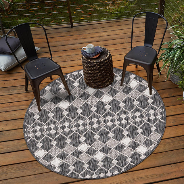 Charcoal 3' 1 x 3' 1 Outdoor Trellis Round Area Rug Weather Resistant for Patio, Deck, Terrace, Balcony, Porch Geometric Design Water Safe Outside Carpet for Sale at Rug Engine