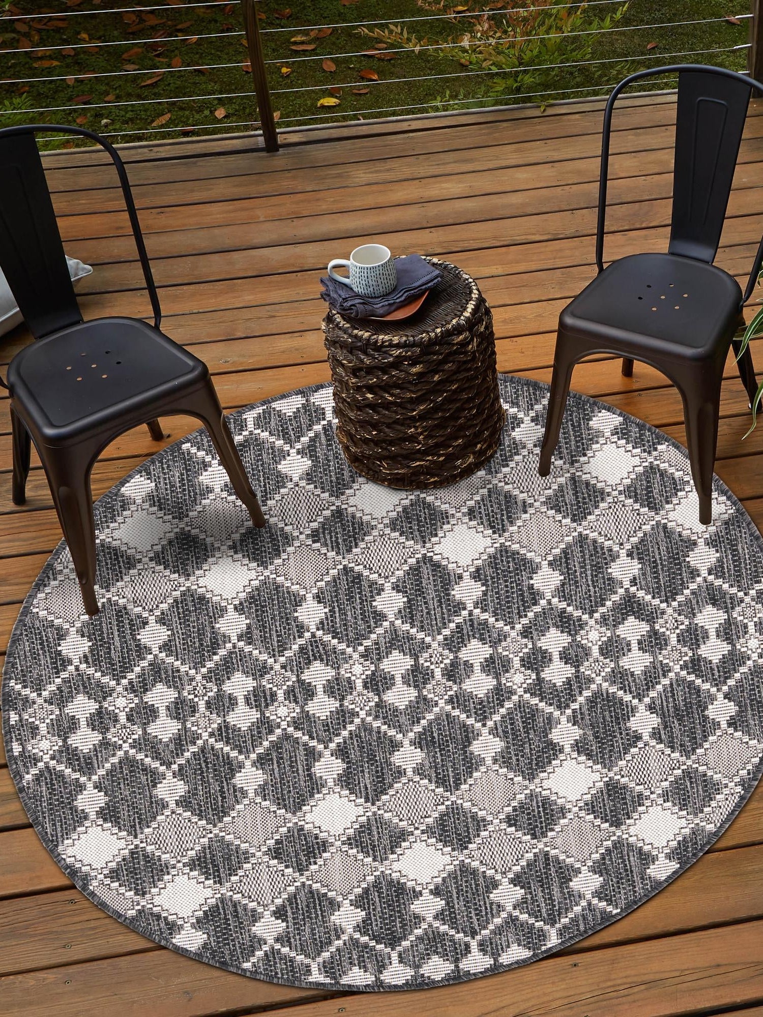 Charcoal 4' 1 x 4' 1 Outdoor Trellis Round Area Rug Weather Resistant for Patio, Deck, Terrace, Balcony, Porch Geometric Design Water Safe Outside Carpet for Sale at Rug Engine