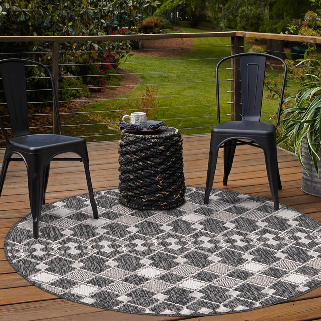 Charcoal 3' 1 x 3' 1 Outdoor Trellis Round Area Rug Weather Resistant for Patio, Deck, Terrace, Balcony, Porch Geometric Design Water Safe Outside Carpet for Sale at Rug Engine