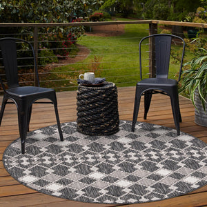 Charcoal 4' 1 x 4' 1 Outdoor Trellis Round Area Rug Weather Resistant for Patio, Deck, Terrace, Balcony, Porch Geometric Design Water Safe Outside Carpet for Sale at Rug Engine