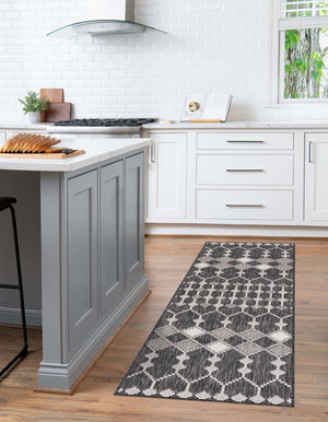 Charcoal 2' x 6' 1 Outdoor Trellis Runner Area Rug Weather Resistant for Patio, Deck, Terrace, Balcony, Porch Geometric Design Water Safe Outside Carpet for Sale at Rug Engine