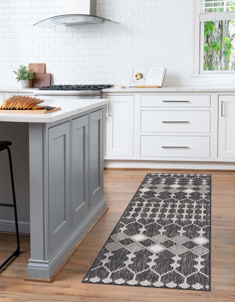Charcoal 2' x 6' 1 Outdoor Trellis Runner Area Rug Weather Resistant for Patio, Deck, Terrace, Balcony, Porch Geometric Design Water Safe Outside Carpet for Sale at Rug Engine