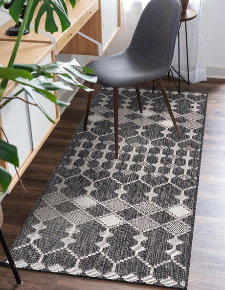 Charcoal 2' x 6' 1 Outdoor Trellis Runner Area Rug Weather Resistant for Patio, Deck, Terrace, Balcony, Porch Geometric Design Water Safe Outside Carpet for Sale at Rug Engine