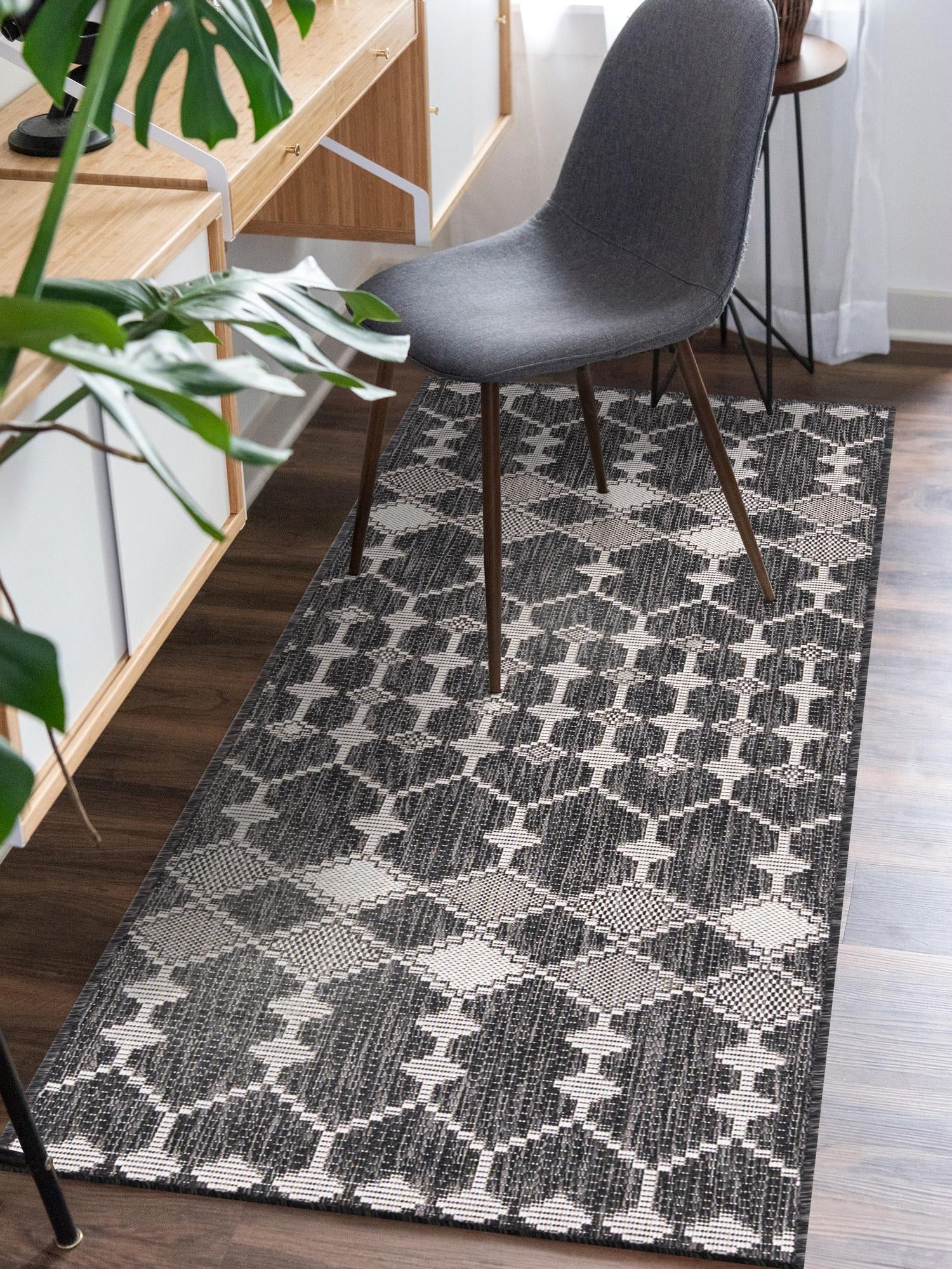 Charcoal 2' 7 x 10' Outdoor Trellis Runner Area Rug Weather Resistant for Patio, Deck, Terrace, Balcony, Porch Geometric Design Water Safe Outside Carpet for Sale at Rug Engine