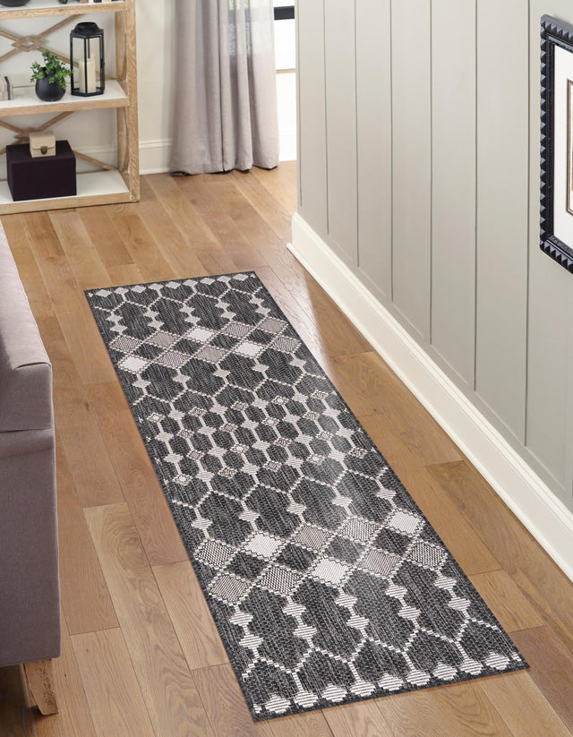 Charcoal 2' x 6' 1 Outdoor Trellis Runner Area Rug Weather Resistant for Patio, Deck, Terrace, Balcony, Porch Geometric Design Water Safe Outside Carpet for Sale at Rug Engine