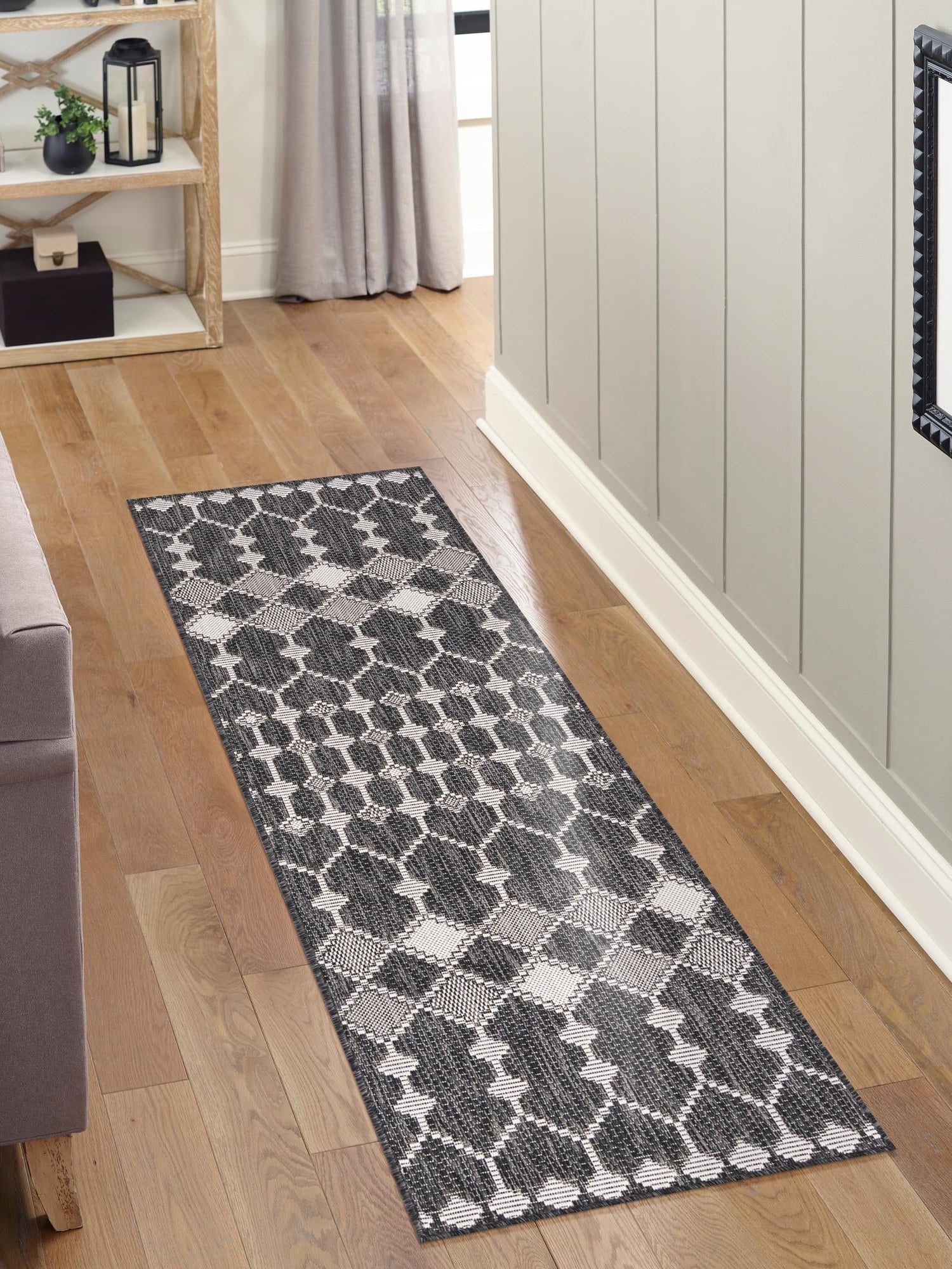 Charcoal 2' x 8' Outdoor Trellis Runner Area Rug Weather Resistant for Patio, Deck, Terrace, Balcony, Porch Geometric Design Water Safe Outside Carpet for Sale at Rug Engine