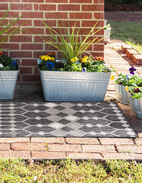 Charcoal 2' x 6' 1 Outdoor Trellis Runner Area Rug Weather Resistant for Patio, Deck, Terrace, Balcony, Porch Geometric Design Water Safe Outside Carpet for Sale at Rug Engine