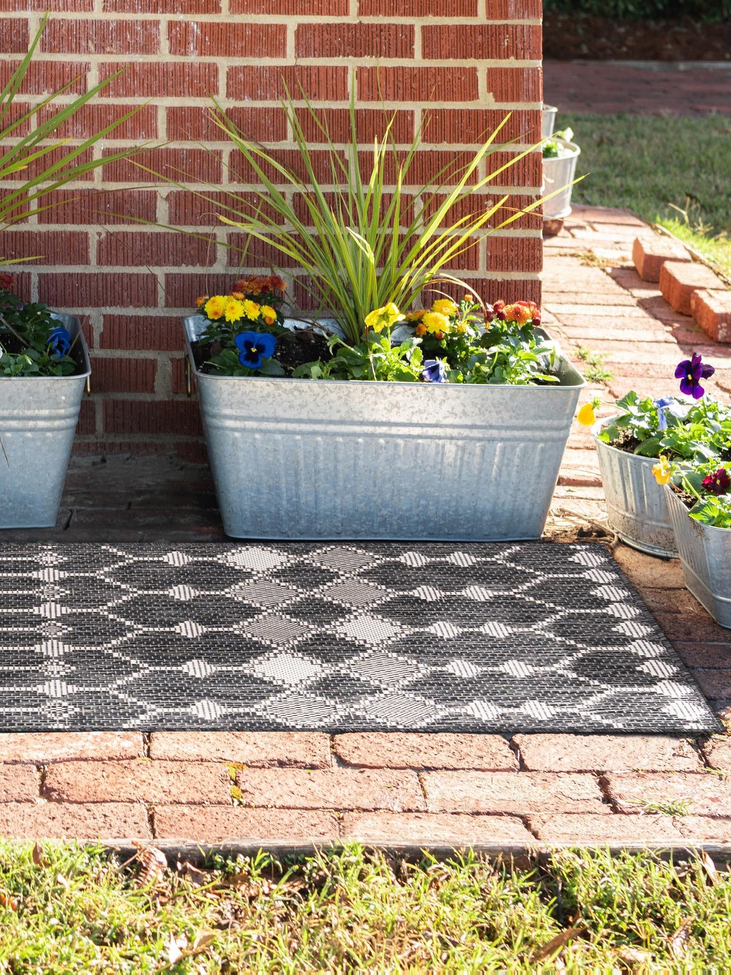Charcoal 2' 7 x 10' Outdoor Trellis Runner Area Rug Weather Resistant for Patio, Deck, Terrace, Balcony, Porch Geometric Design Water Safe Outside Carpet for Sale at Rug Engine