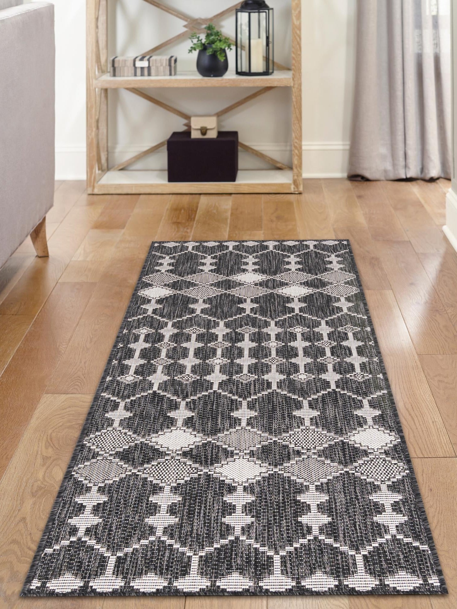 Charcoal 2' 7 x 10' Outdoor Trellis Runner Area Rug Weather Resistant for Patio, Deck, Terrace, Balcony, Porch Geometric Design Water Safe Outside Carpet for Sale at Rug Engine