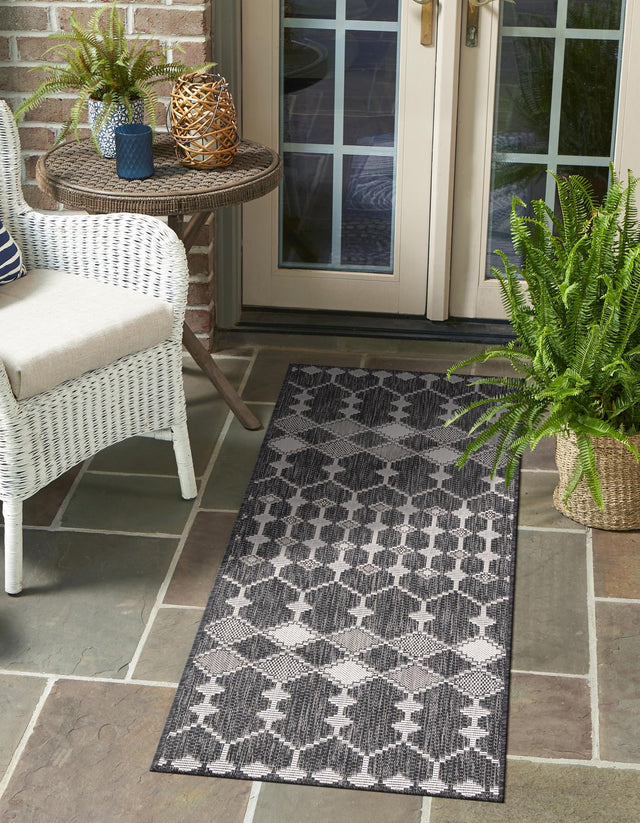 Charcoal 2' x 6' 1 Outdoor Trellis Runner Area Rug Weather Resistant for Patio, Deck, Terrace, Balcony, Porch Geometric Design Water Safe Outside Carpet for Sale at Rug Engine