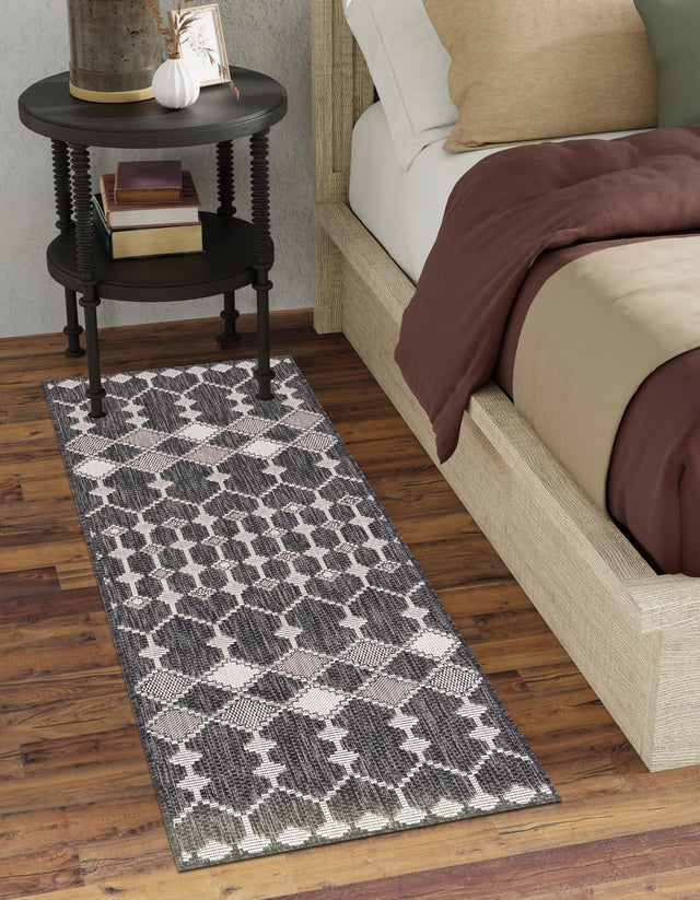 Charcoal 2' x 6' 1 Outdoor Trellis Runner Area Rug Weather Resistant for Patio, Deck, Terrace, Balcony, Porch Geometric Design Water Safe Outside Carpet for Sale at Rug Engine