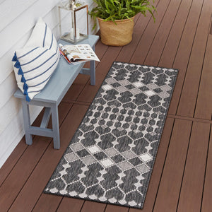Charcoal 2' x 6' 1 Outdoor Trellis Runner Area Rug Weather Resistant for Patio, Deck, Terrace, Balcony, Porch Geometric Design Water Safe Outside Carpet for Sale at Rug Engine