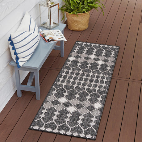 Charcoal 2' x 6' 1 Outdoor Trellis Runner Area Rug Weather Resistant for Patio, Deck, Terrace, Balcony, Porch Geometric Design Water Safe Outside Carpet for Sale at Rug Engine