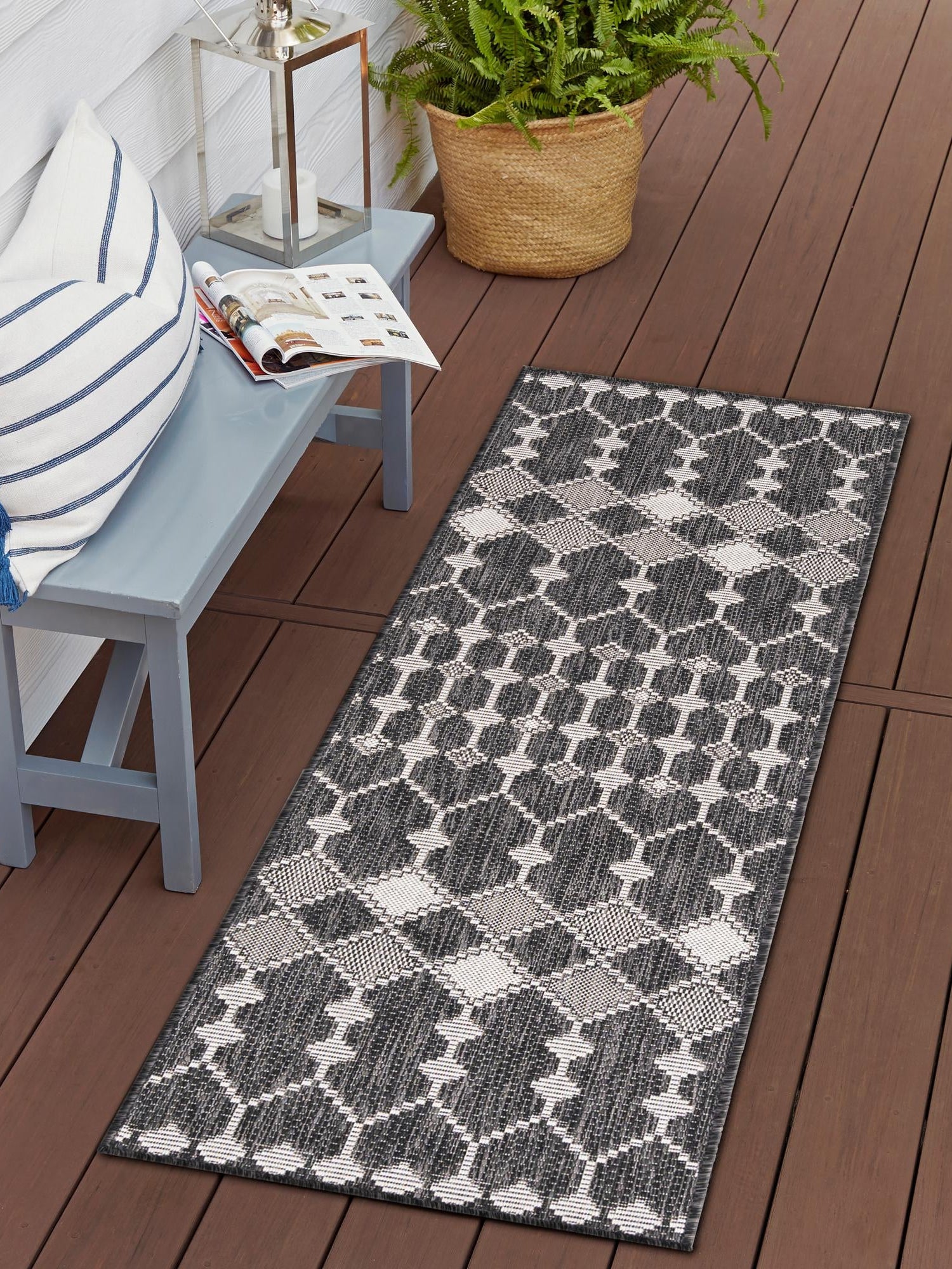 Charcoal 2' 7 x 10' Outdoor Trellis Runner Area Rug Weather Resistant for Patio, Deck, Terrace, Balcony, Porch Geometric Design Water Safe Outside Carpet for Sale at Rug Engine