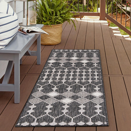 Charcoal 2' x 6' 1 Outdoor Trellis Runner Area Rug Weather Resistant for Patio, Deck, Terrace, Balcony, Porch Geometric Design Water Safe Outside Carpet for Sale at Rug Engine