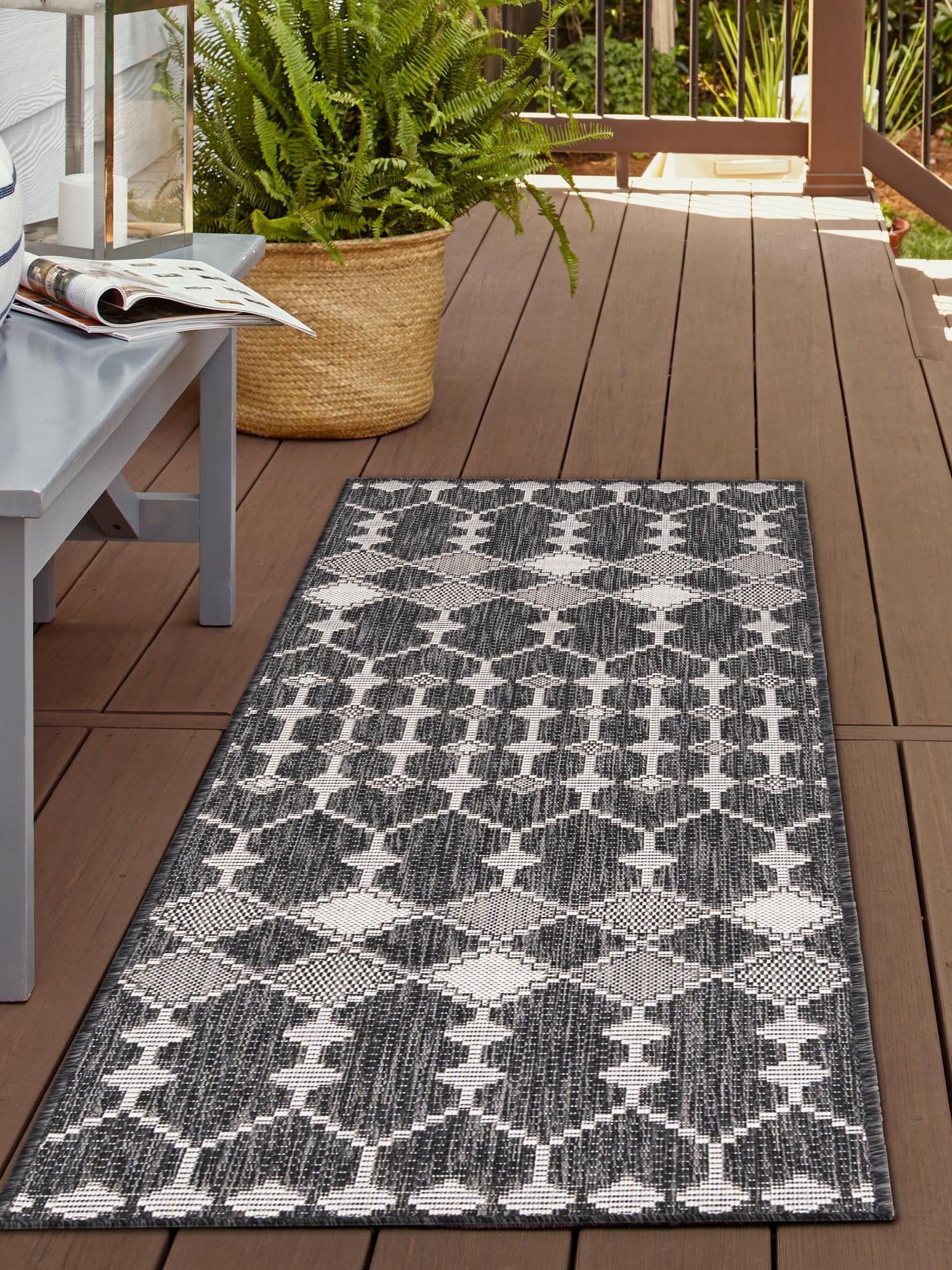 Charcoal 2' x 8' Outdoor Trellis Runner Area Rug Weather Resistant for Patio, Deck, Terrace, Balcony, Porch Geometric Design Water Safe Outside Carpet for Sale at Rug Engine