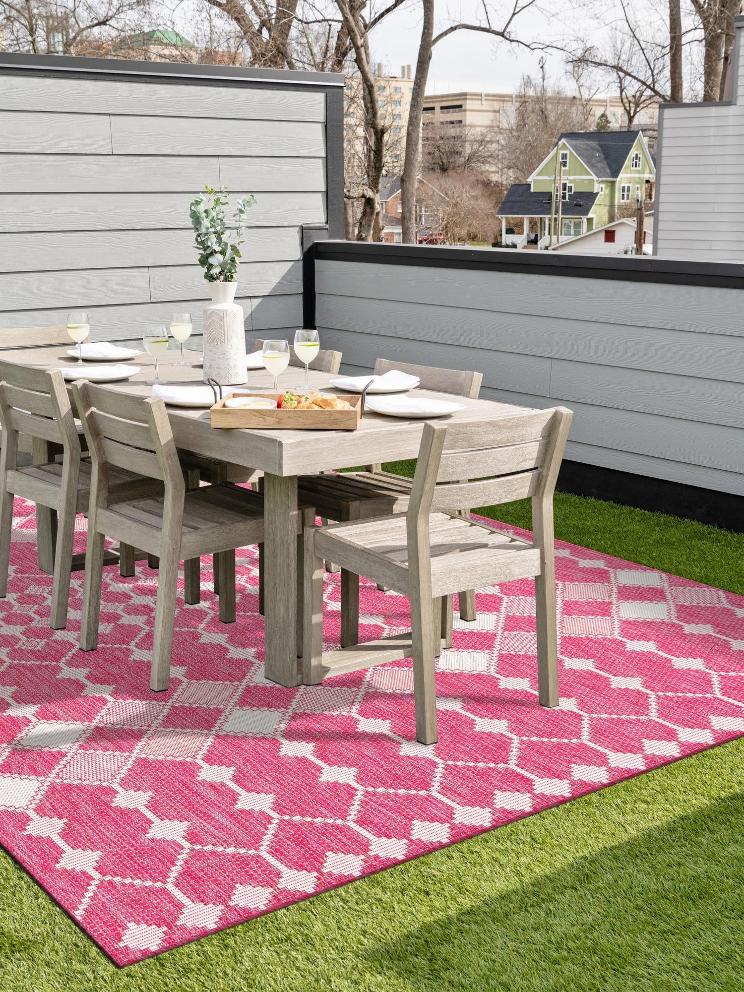Magenta 2' x 3' 1 Outdoor Trellis Rectangle Area Rug Weather Resistant for Patio, Deck, Terrace, Balcony, Porch Geometric Design Water Safe Outside Carpet for Sale at Rug Engine