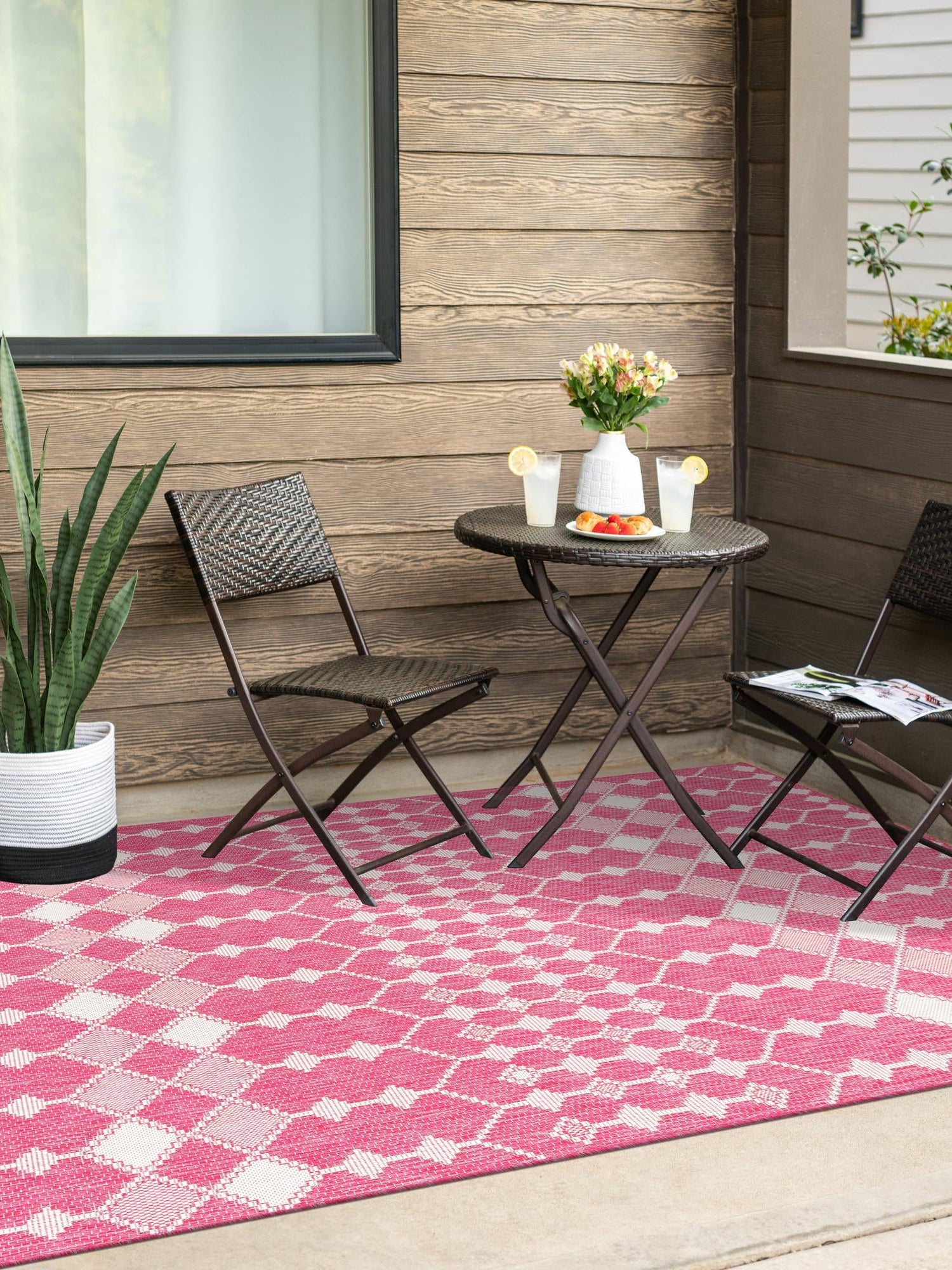 Magenta 2' x 3' 1 Outdoor Trellis Rectangle Area Rug Weather Resistant for Patio, Deck, Terrace, Balcony, Porch Geometric Design Water Safe Outside Carpet for Sale at Rug Engine
