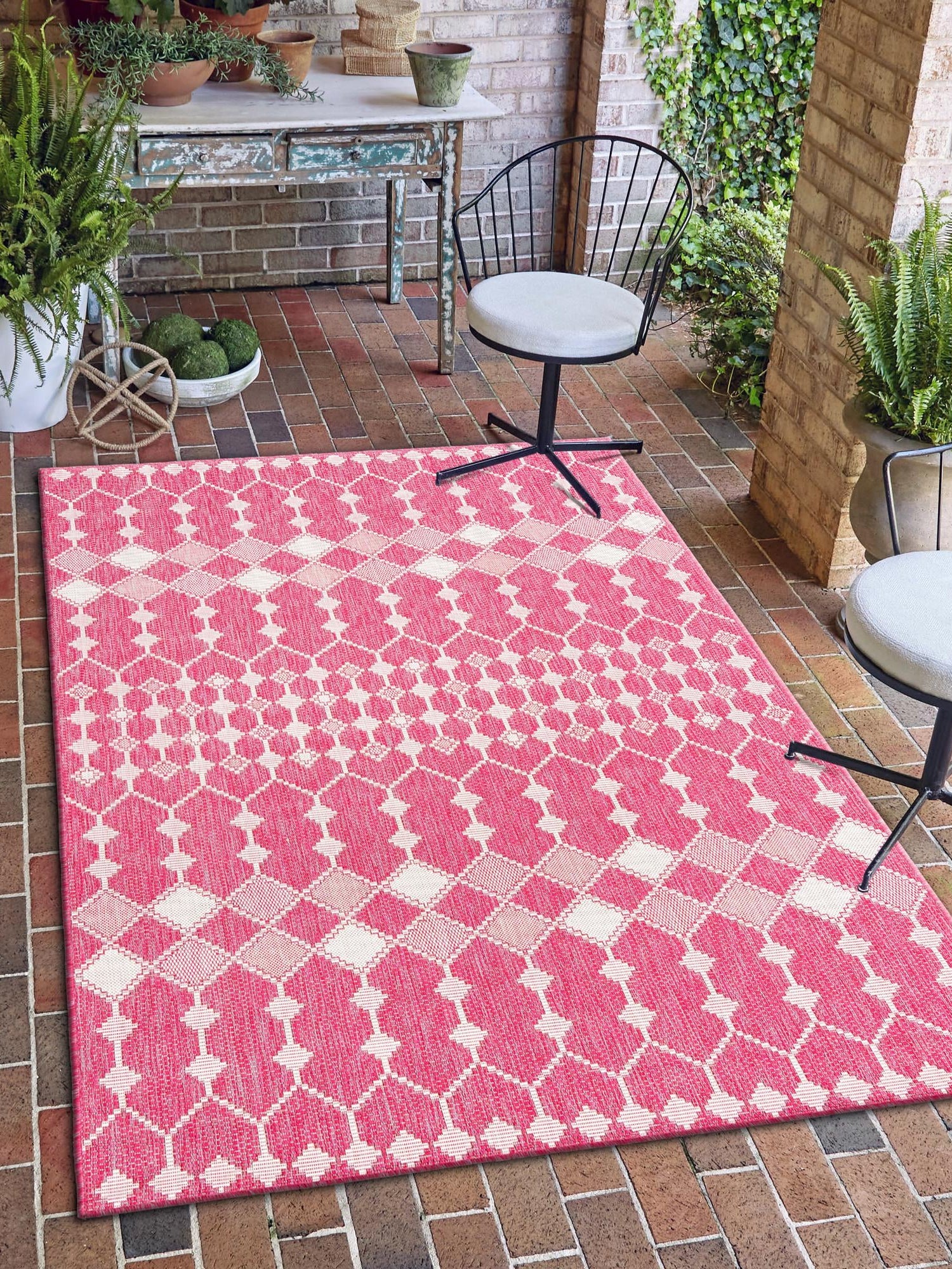 Magenta 9' x 12' Outdoor Trellis Rectangle Area Rug Weather Resistant for Patio, Deck, Terrace, Balcony, Porch Geometric Design Water Safe Outside Carpet for Sale at Rug Engine