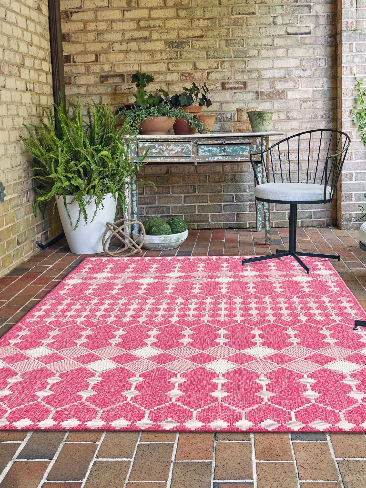 Magenta 5' 3 x 8' Outdoor Trellis Rectangle Area Rug Weather Resistant for Patio, Deck, Terrace, Balcony, Porch Geometric Design Water Safe Outside Carpet for Sale at Rug Engine