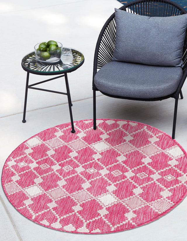 Magenta 3' 1 x 3' 1 Outdoor Trellis Round Area Rug Weather Resistant for Patio, Deck, Terrace, Balcony, Porch Geometric Design Water Safe Outside Carpet for Sale at Rug Engine