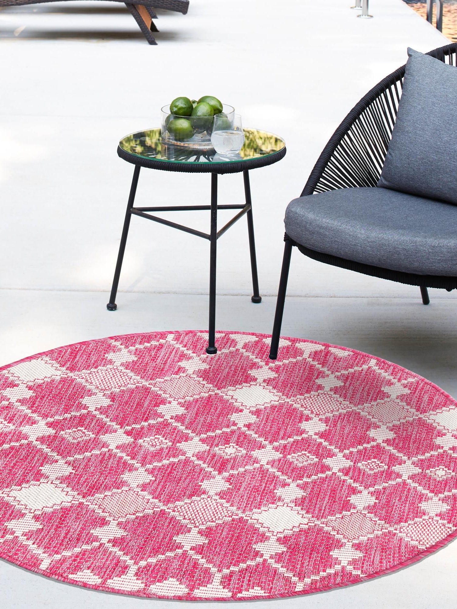 Magenta 3' 1 x 3' 1 Outdoor Trellis Round Area Rug Weather Resistant for Patio, Deck, Terrace, Balcony, Porch Geometric Design Water Safe Outside Carpet for Sale at Rug Engine