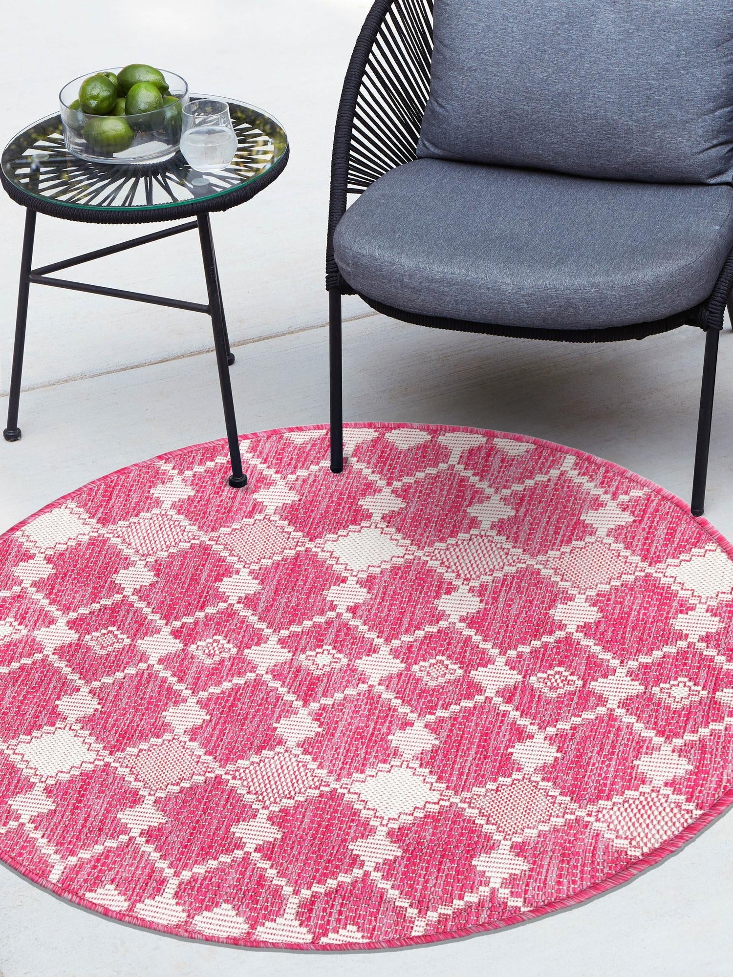 Magenta 10' x 10' Outdoor Trellis Round Area Rug Weather Resistant for Patio, Deck, Terrace, Balcony, Porch Geometric Design Water Safe Outside Carpet for Sale at Rug Engine