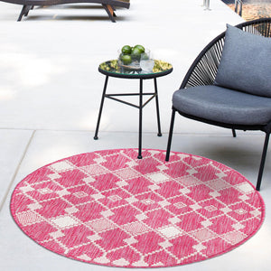 Magenta 10' x 10' Outdoor Trellis Round Area Rug Weather Resistant for Patio, Deck, Terrace, Balcony, Porch Geometric Design Water Safe Outside Carpet for Sale at Rug Engine