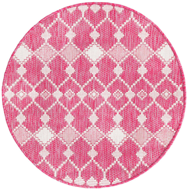 Magenta 3' 1 x 3' 1 Outdoor Trellis Round Area Rug Weather Resistant for Patio, Deck, Terrace, Balcony, Porch Geometric Design Water Safe Outside Carpet for Sale at Rug Engine