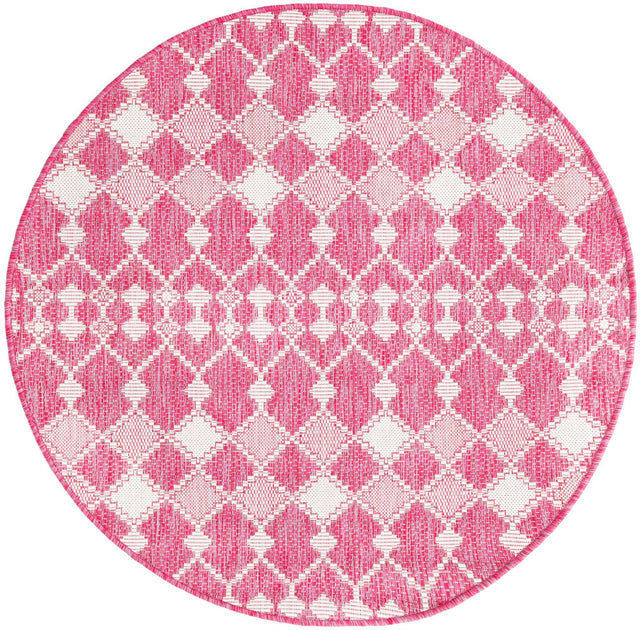Magenta 10' x 10' Outdoor Trellis Round Area Rug Weather Resistant for Patio, Deck, Terrace, Balcony, Porch Geometric Design Water Safe Outside Carpet for Sale at Rug Engine