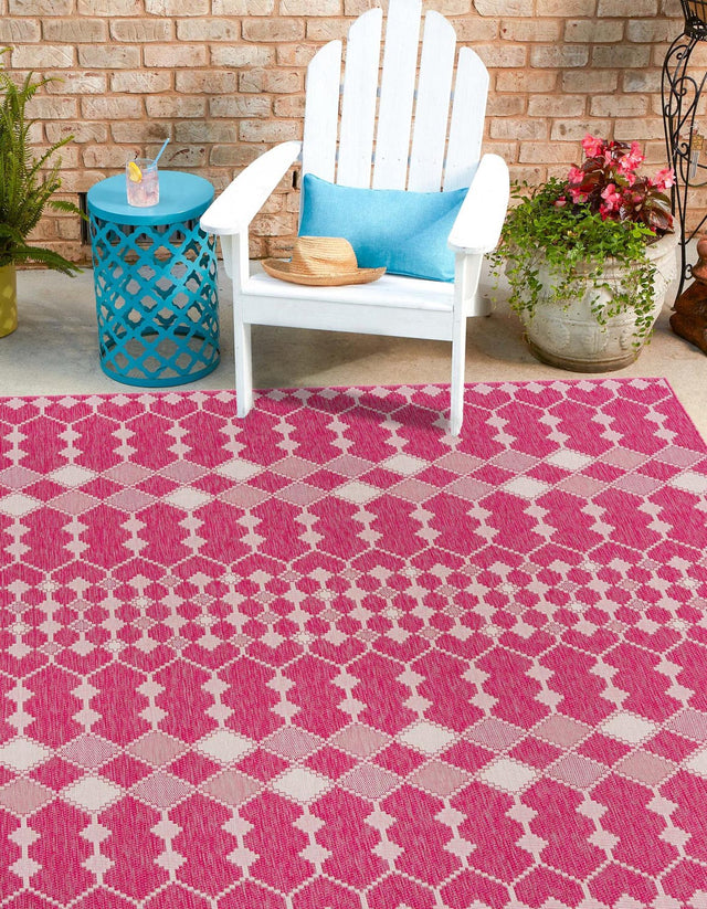 Magenta 10' x 10' Outdoor Trellis Square Area Rug Weather Resistant for Patio, Deck, Terrace, Balcony, Porch Geometric Design Water Safe Outside Carpet for Sale at Rug Engine