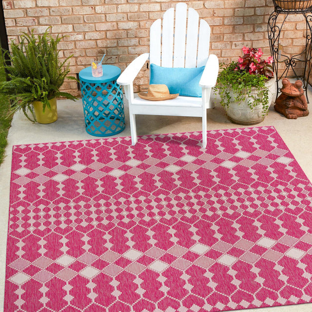 Magenta 10' x 10' Outdoor Trellis Square Area Rug Weather Resistant for Patio, Deck, Terrace, Balcony, Porch Geometric Design Water Safe Outside Carpet for Sale at Rug Engine